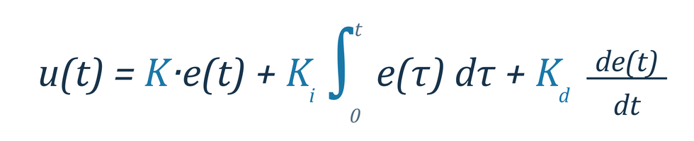Формула ПИД-регулятора: u(t) = K·e(t) + Ki·интеграл ошибки + Kd·производная ошибки