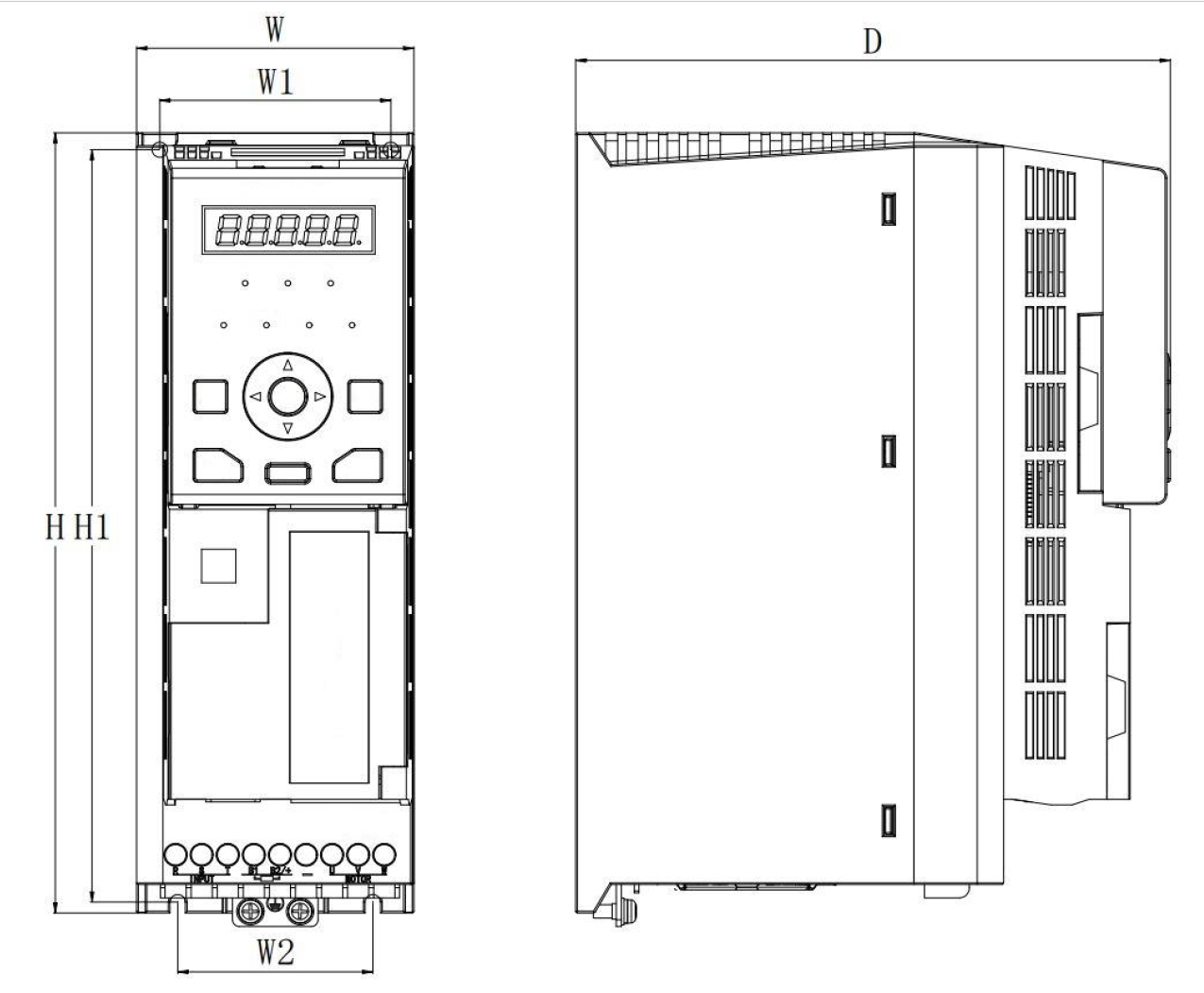 Габаритная схема корпуса INNOVERT IMD222U43E 2,2 кВт: W, H, D и установочные размеры